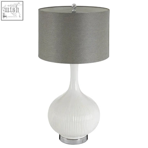 Pandora table lamp white ceramic table lamp with ribbed base and sleek gray fabric shade for stylish lighting