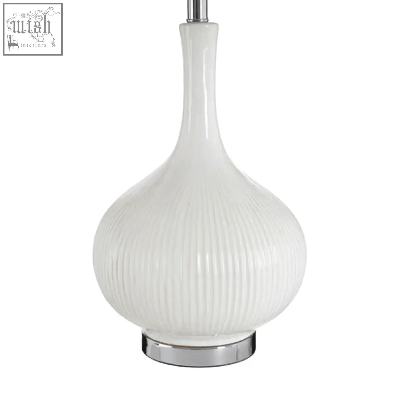 Pandora white table lamp with ribbed glass base and chrome stem perfect for modern white table setups
