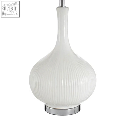 Pandora white table lamp with ribbed glass base and chrome stem perfect for modern white table setups