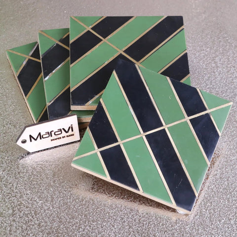 Panna luxe resin coaster set of 4 hand-shaped coasters with geometric green and navy tiles separated by gold lines