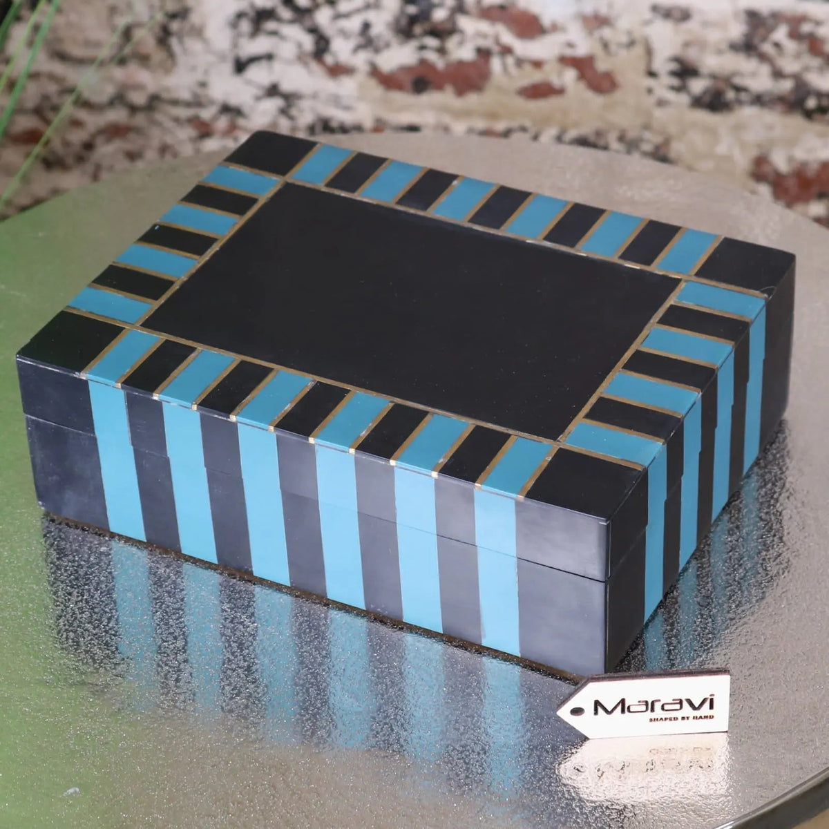 Black and turquoise striped panna luxe resin jewellery box with gold accents perfect for luxe resin jewellery storage