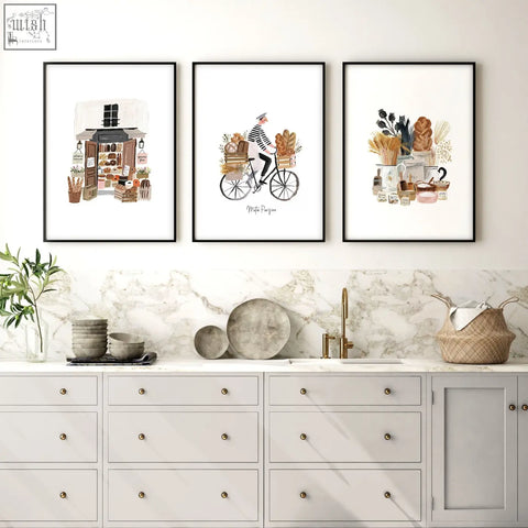 Three framed paris boulangerie wall art prints in brown tones featuring matin parisien rustic kitchen scenes