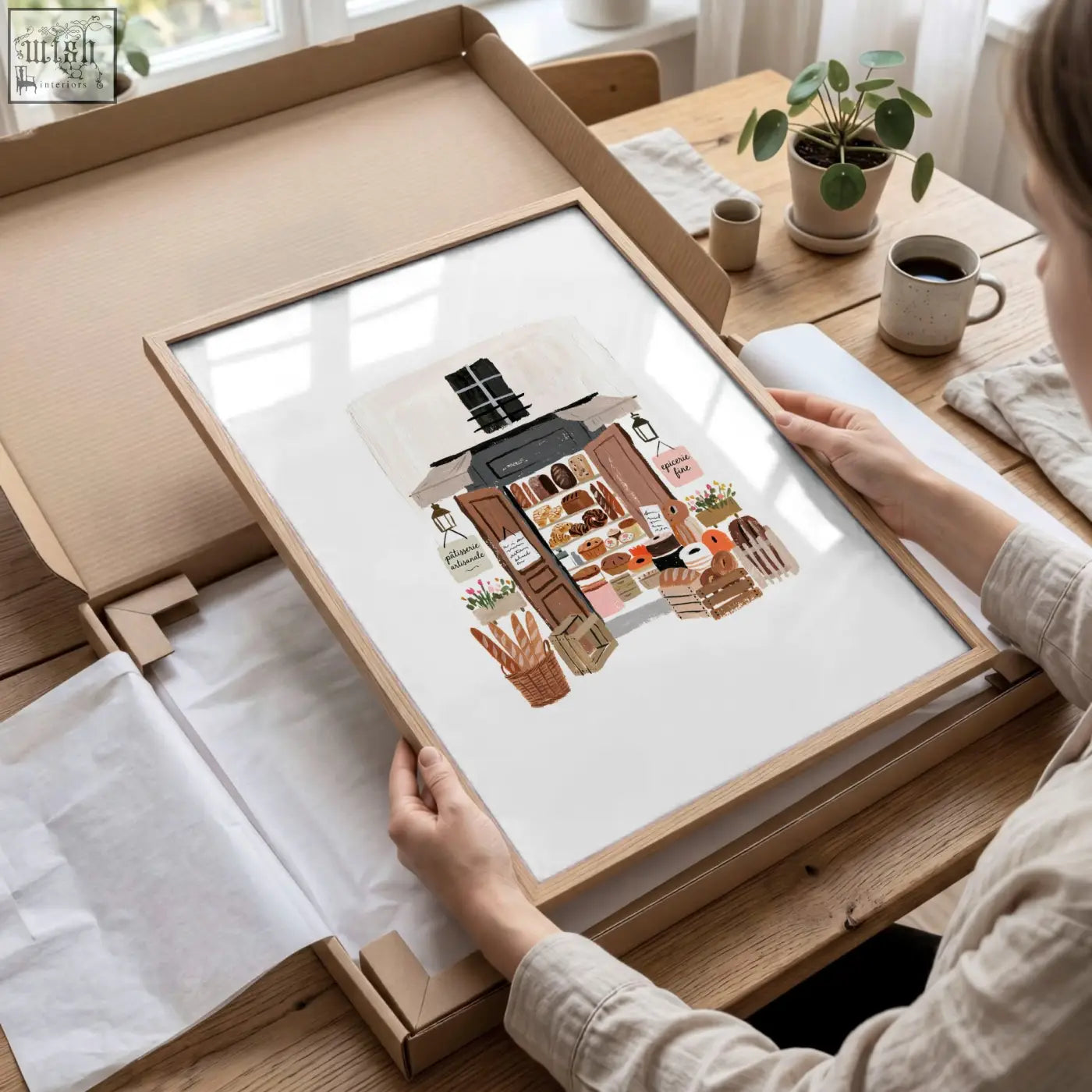 A framed matin parisien wall art with brown tones featuring detailed pastries in a light wood frame for kitchen decor