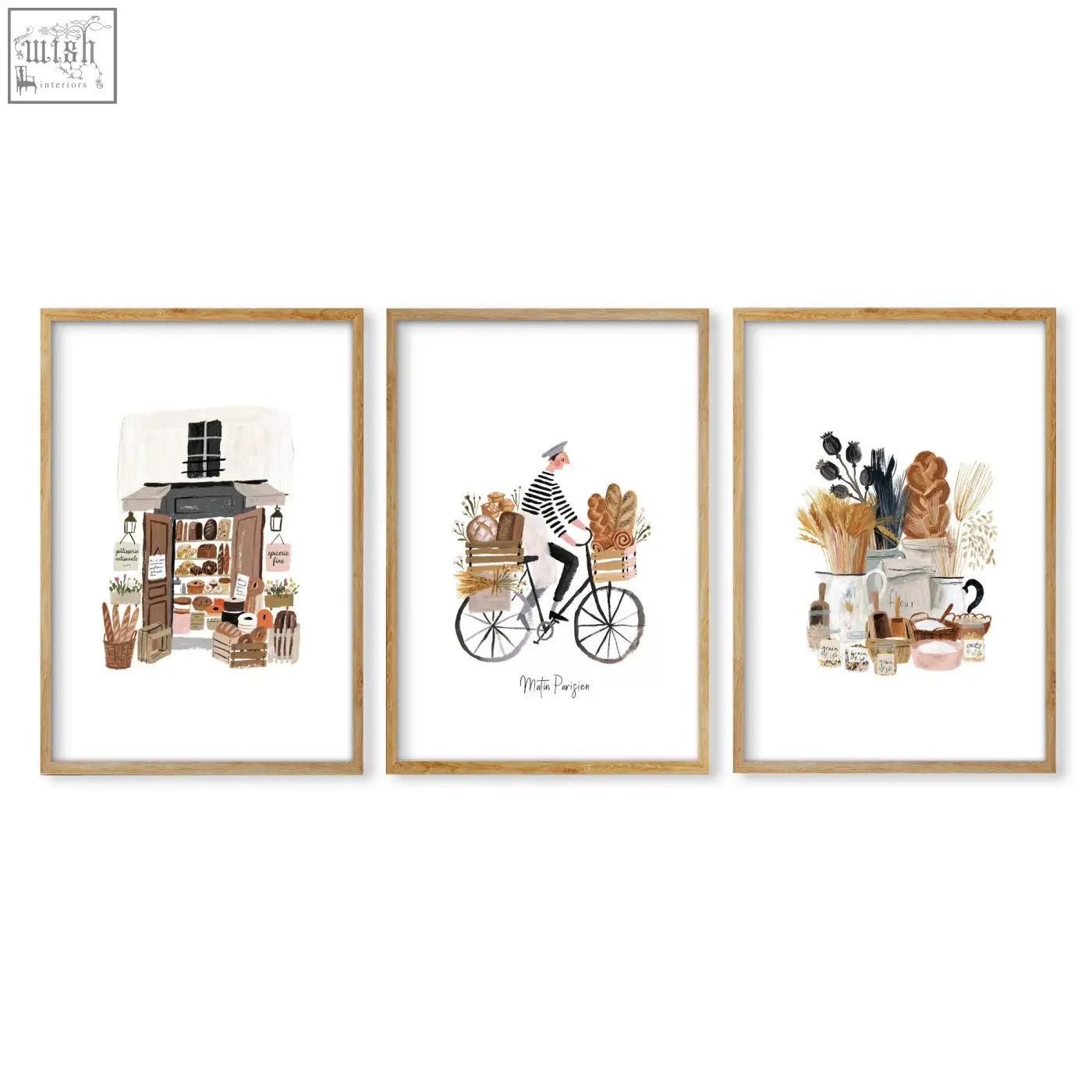Set of three matin parisien wall art prints in brown tones with light wood frames for parisian bakery decor