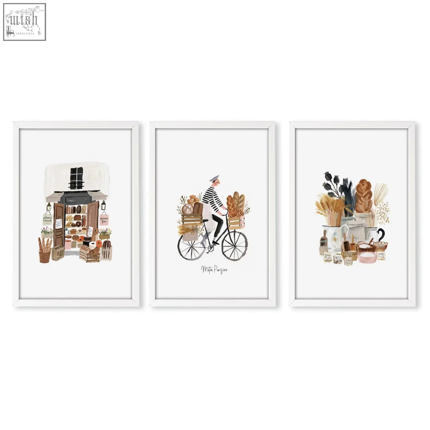 Set of three framed matin parisien wall art prints featuring parisian bakery scenes in soft brown tones for kitchen decor
