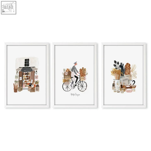 Set of three framed matin parisien wall art prints featuring parisian bakery scenes in soft brown tones for kitchen decor