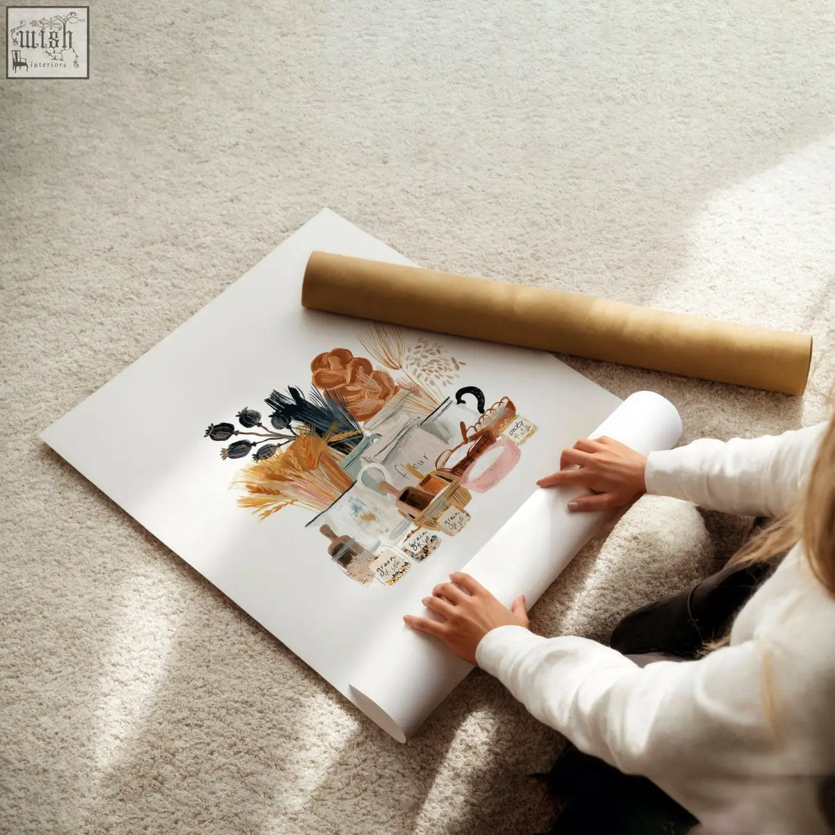 Rolled-up paris boulangerie wall art poster featuring whimsical kitchen items in brown tones and matin parisien style