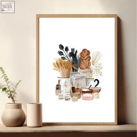 A framed watercolor wall art in brown tones featuring rustic baking essentials for matin parisien kitchen decor