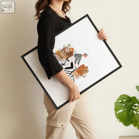 Black-framed matin parisien wall art featuring a whimsical baker in striped attire with breads in warm brown tones