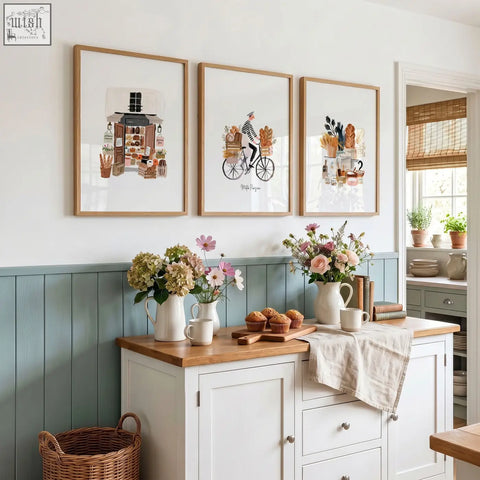 Three rustic wooden framed matin parisien wall art prints in brown tones hang above a kitchen counter