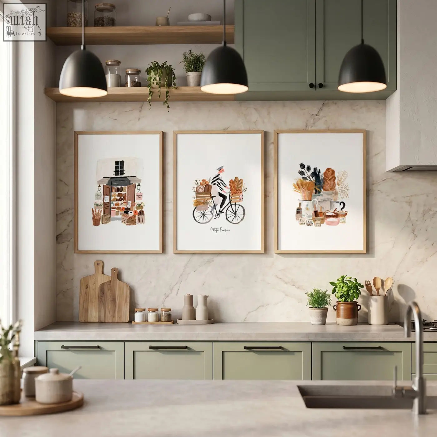 Three framed matin parisien wall art prints with brown tones hang on a marble wall above kitchen cabinets