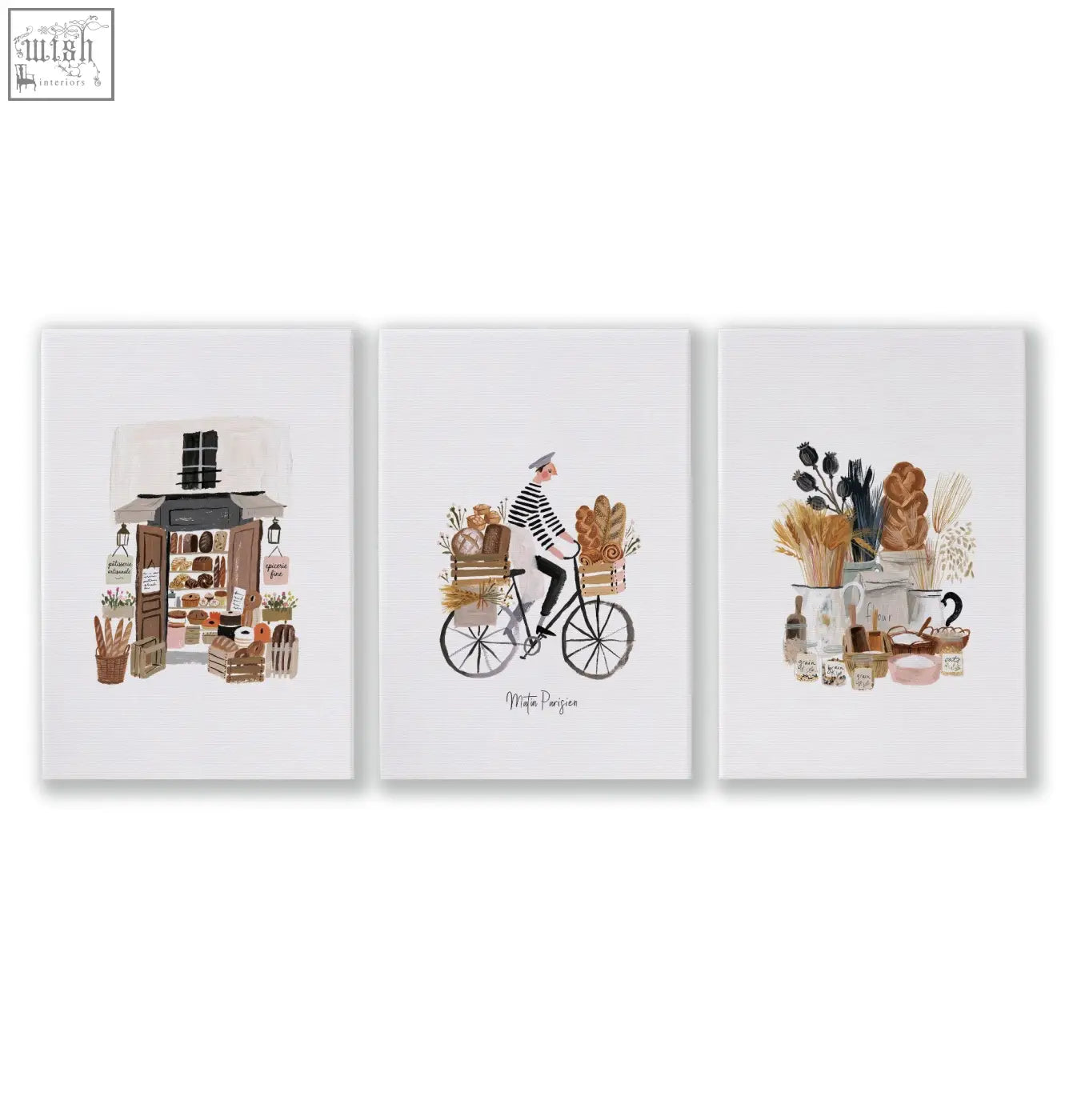 Set of three matin parisien bakery-themed canvas wall art prints in brown tones perfect for kitchen decor