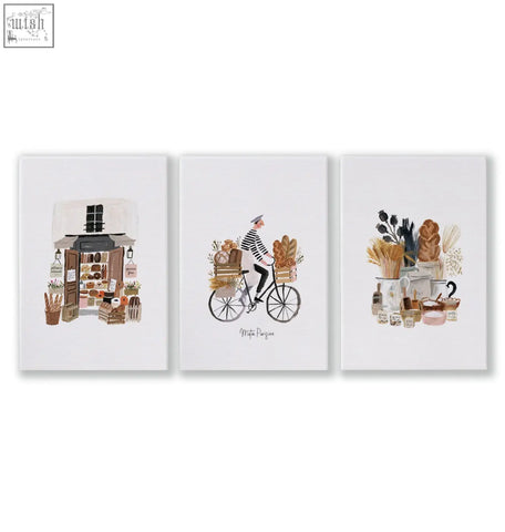 Set of three matin parisien bakery-themed canvas wall art prints in brown tones perfect for kitchen decor