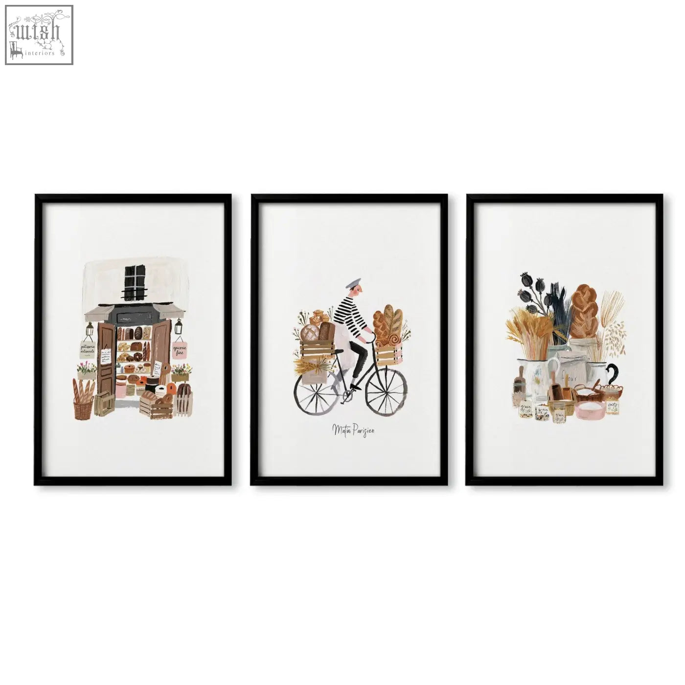 Set of three black-framed wall art prints with brown tones depicting matin parisien parisian bakery scenes for kitchen decor