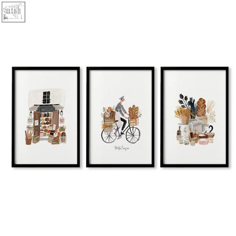 Set of three black-framed wall art prints with brown tones depicting matin parisien parisian bakery scenes for kitchen decor