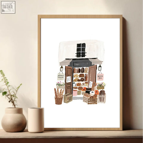 A framed paris boulangerie wall art with wooden doors and baskets in warm brown tones from matin parisien set
