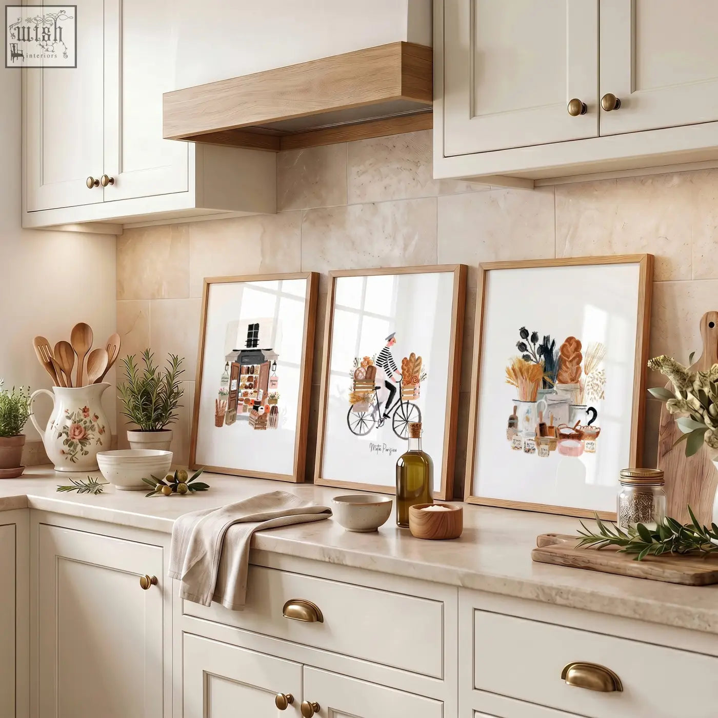 Three framed paris boulangerie wall art with matin parisien kitchen scenes in soft beige and brown tones