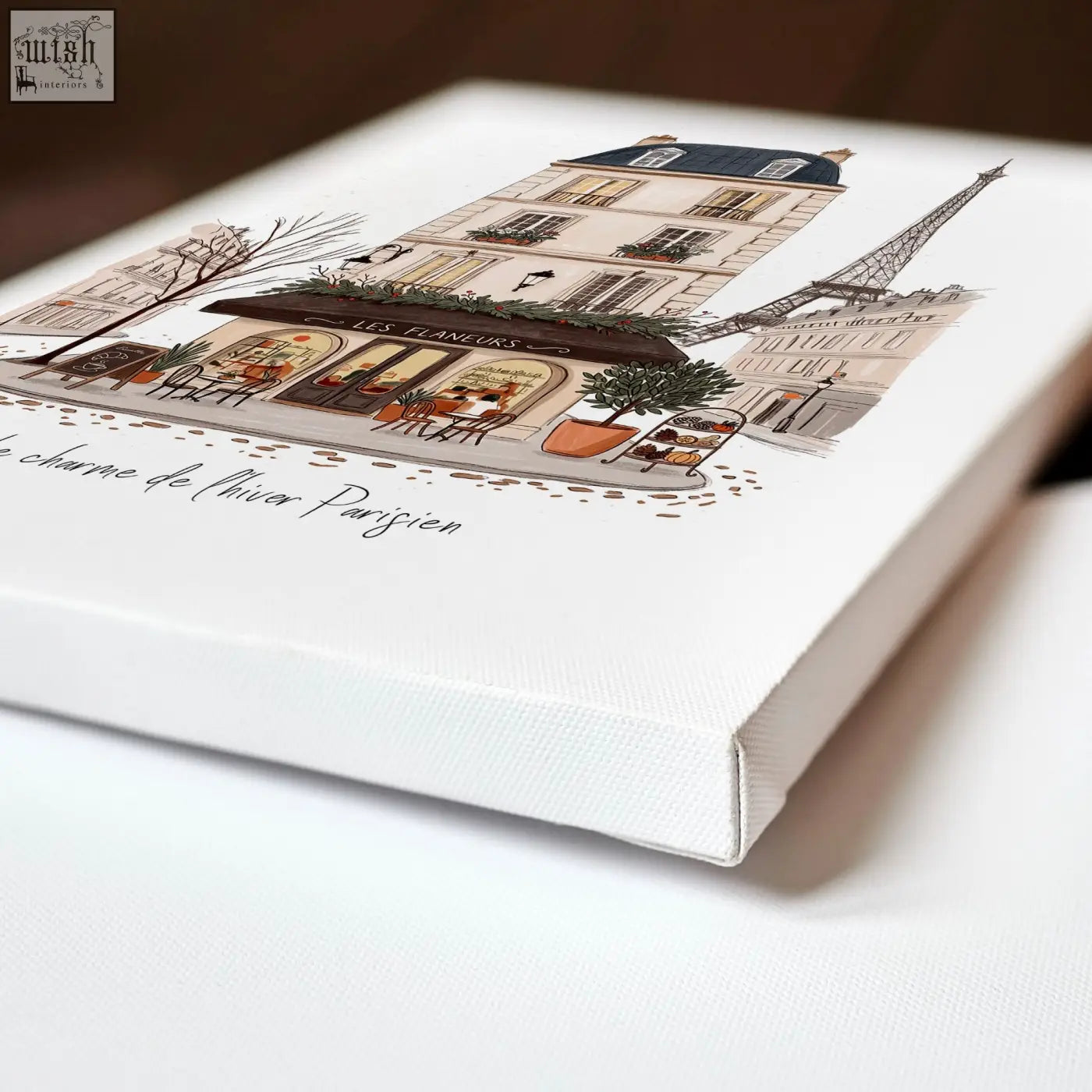 White canvas art print of paris café street scene in soft sepia tones perfect for kitchen art prints or kitchen art