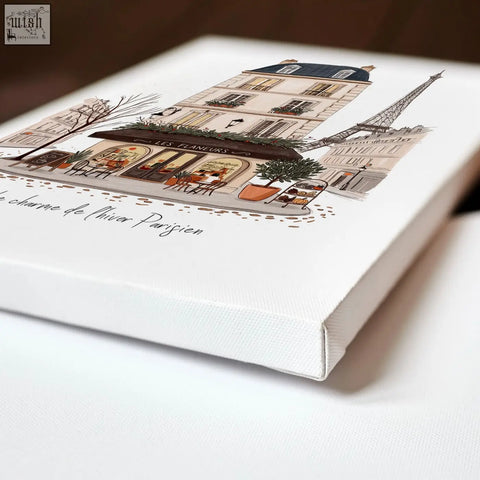 White canvas art print of paris café street scene in soft sepia tones perfect for kitchen art prints or kitchen art