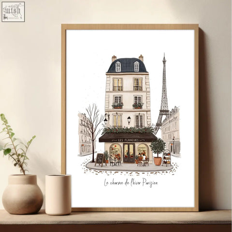 A framed set of 3 paris café kitchen art prints featuring soft watercolor eiffel tower street scene illustrations