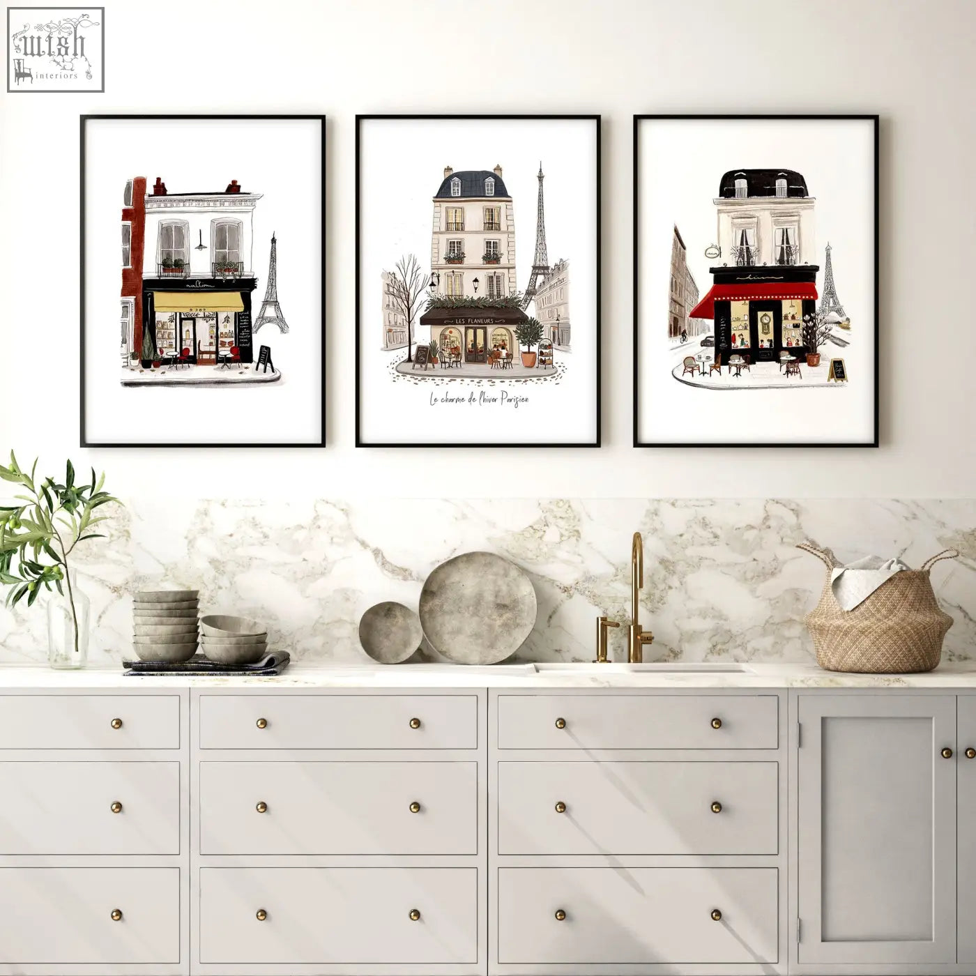 Three framed paris café kitchen art prints with parisian street scenes in muted tones with red accents