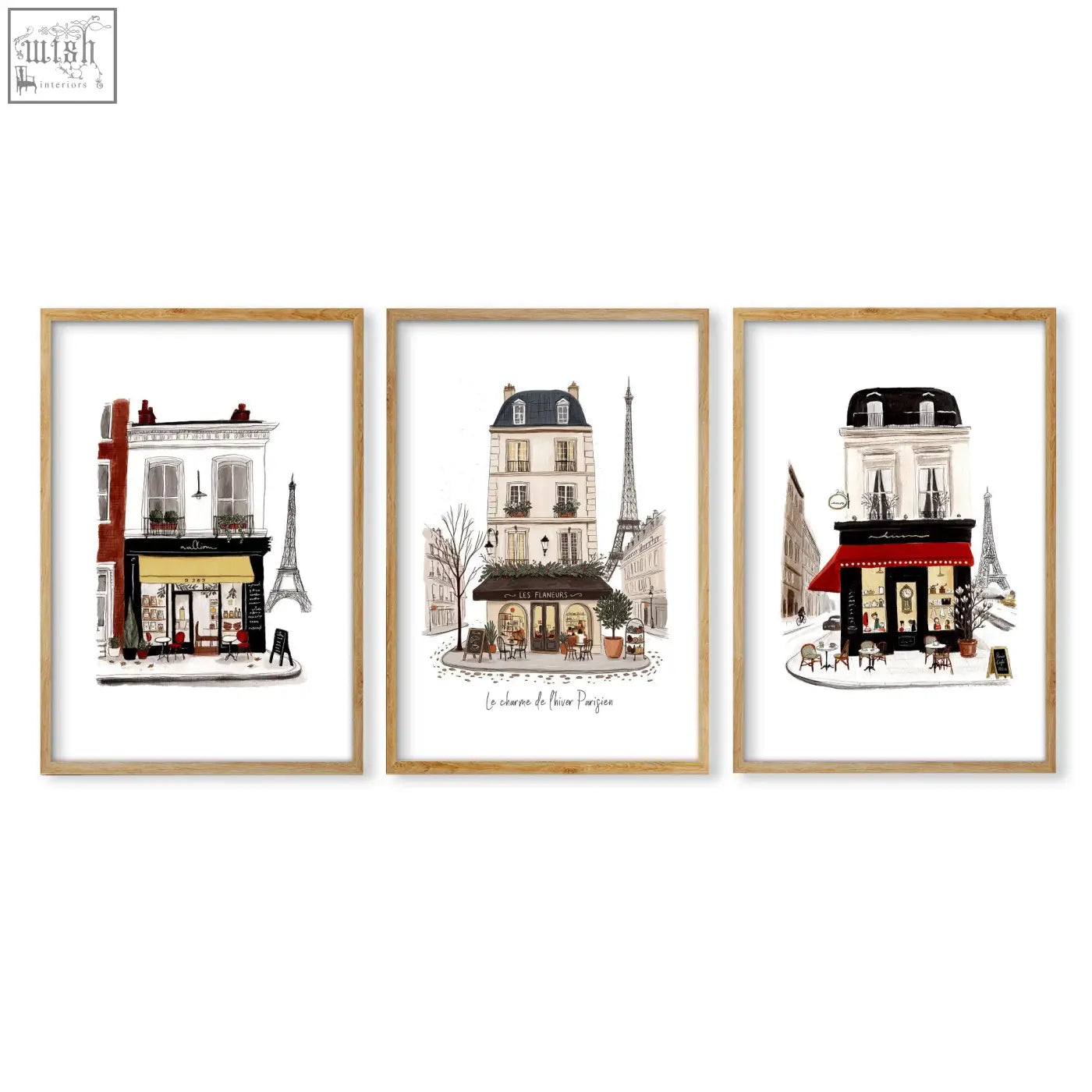 Set of three parisian café art prints in light wood frames perfect for kitchen art or kitchen wall decor