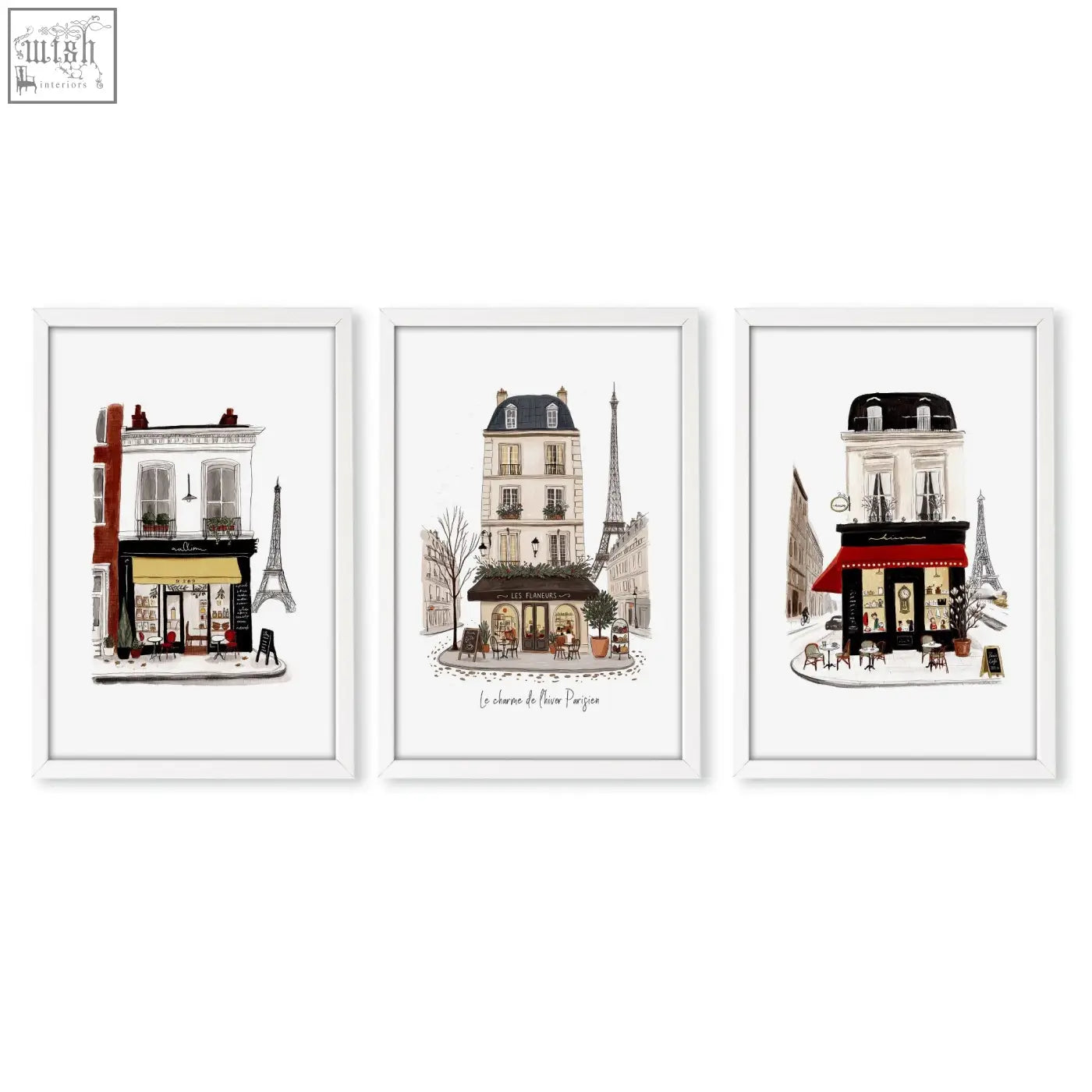 Set of three parisian street scene art prints in white frames perfect as kitchen art prints for a cozy kitchen wall