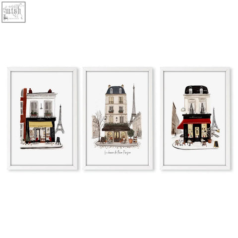 Set of three parisian street scene art prints in white frames perfect as kitchen art prints for a cozy kitchen wall