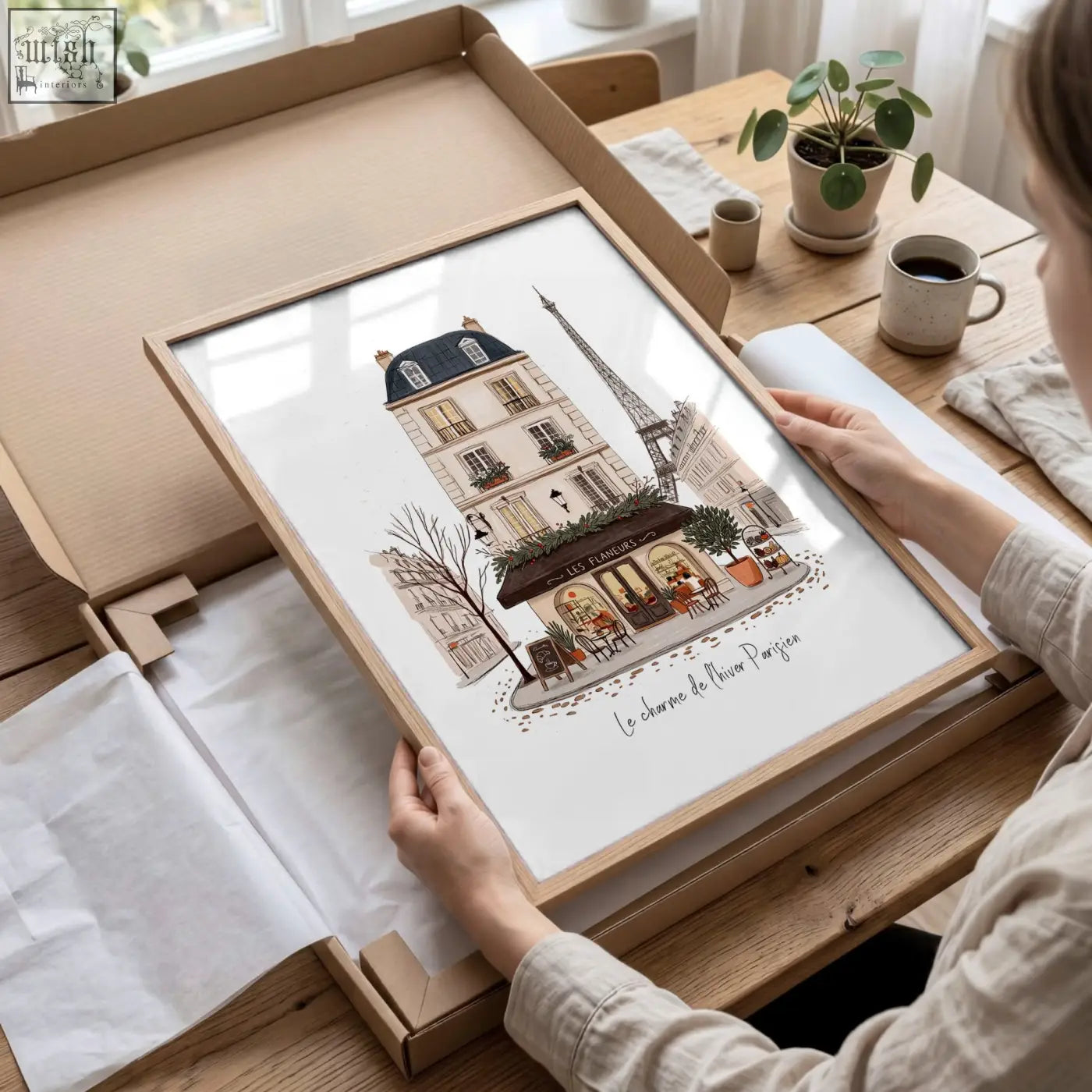 A framed parisian café watercolor art print with eiffel tower in soft hues perfect for kitchen art prints set of 3