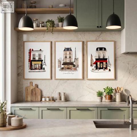 Three framed parisian café-themed kitchen art prints with watercolor buildings and the eiffel tower background