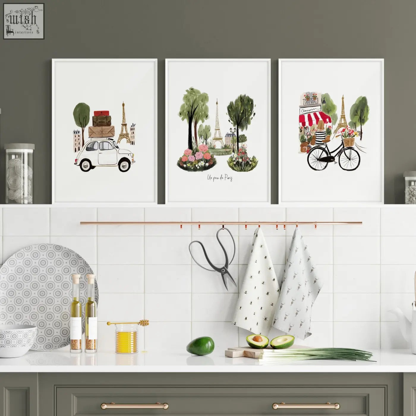 Three framed paris-themed watercolor art prints kitchen featuring a white fiat, eiffel tower, and bicycle with basket