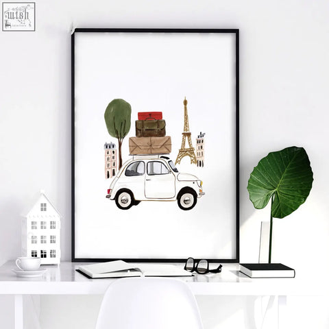 Black-framed art prints kitchen featuring a white vintage car loaded with luggage and the eiffel tower illustration