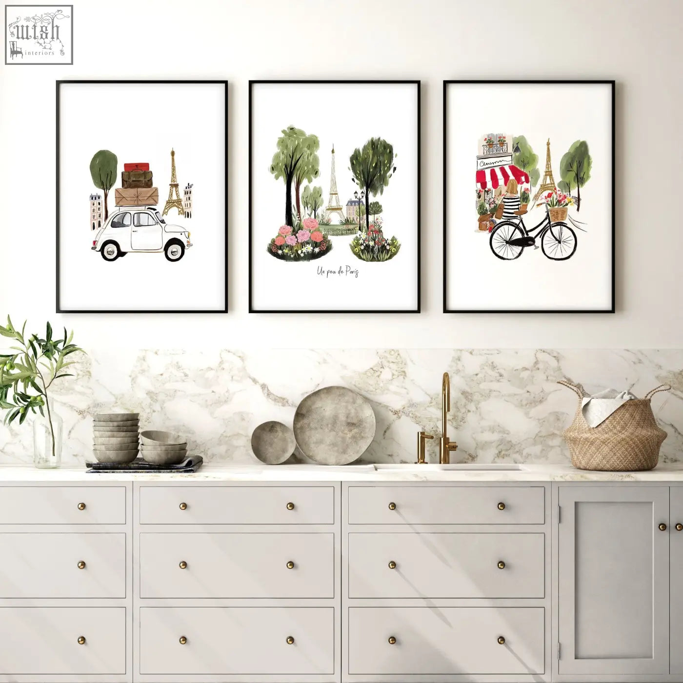 Three black framed paris-themed art prints kitchen featuring vintage car eiffel tower and bicycle with shopping bags