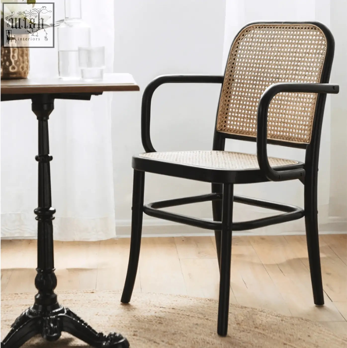 Black paris g04 rattan dining chair with woven natural-toned rattan back and seat in walnut finish