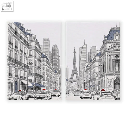 Paris prints black and white street scene canvas art with red taxi accents perfect for dining room decor set of 2