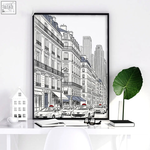 Black-framed paris prints black line art poster with red accent showing parisian street scene perfect for dining room