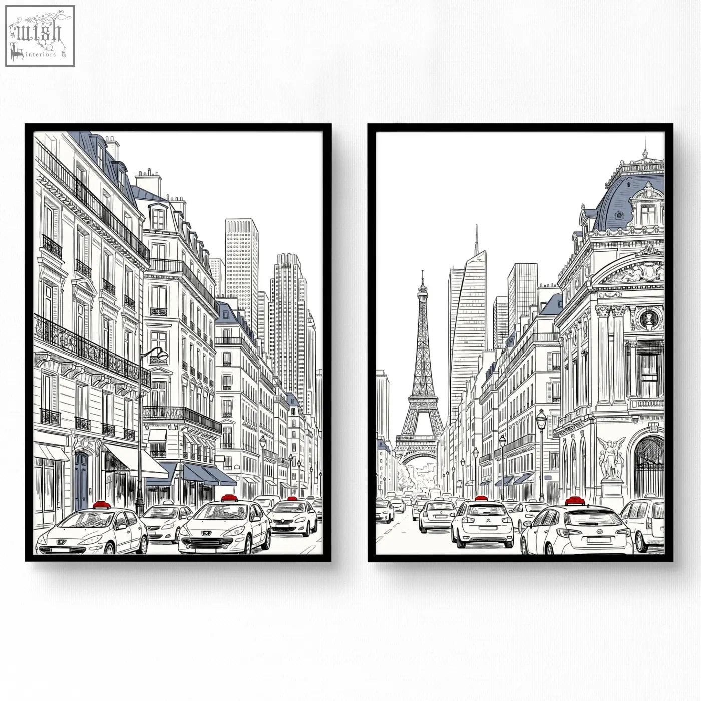 Two framed paris prints black featuring black and white line art with eiffel tower taxis for dining room decor