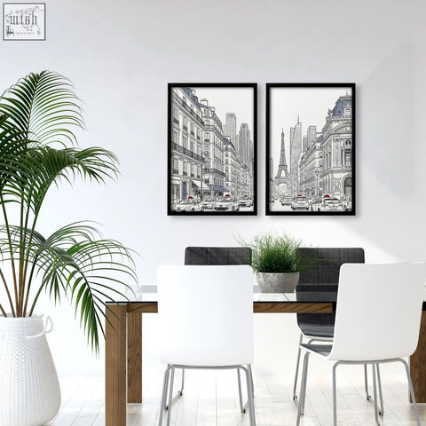 Black-framed paris prints black wall art featuring minimalist eiffel tower street scene with red accent for dining room