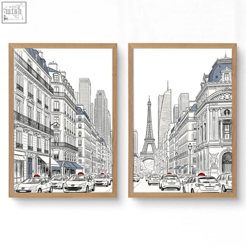Two framed paris prints black and white street scene line art with red accent perfect for dining room decor