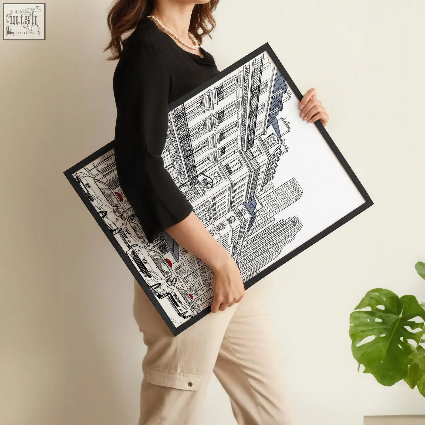 Black-framed paris prints black cityscape artwork with intricate line drawings for dining room decor with red accent set of 2