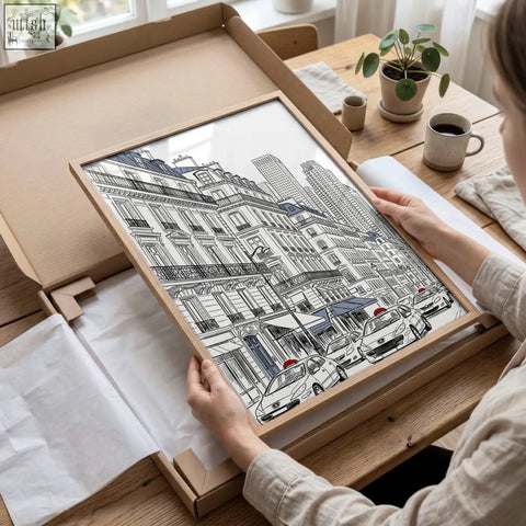 A framed black and white paris prints street scene line art with red accent perfect for dining room decor