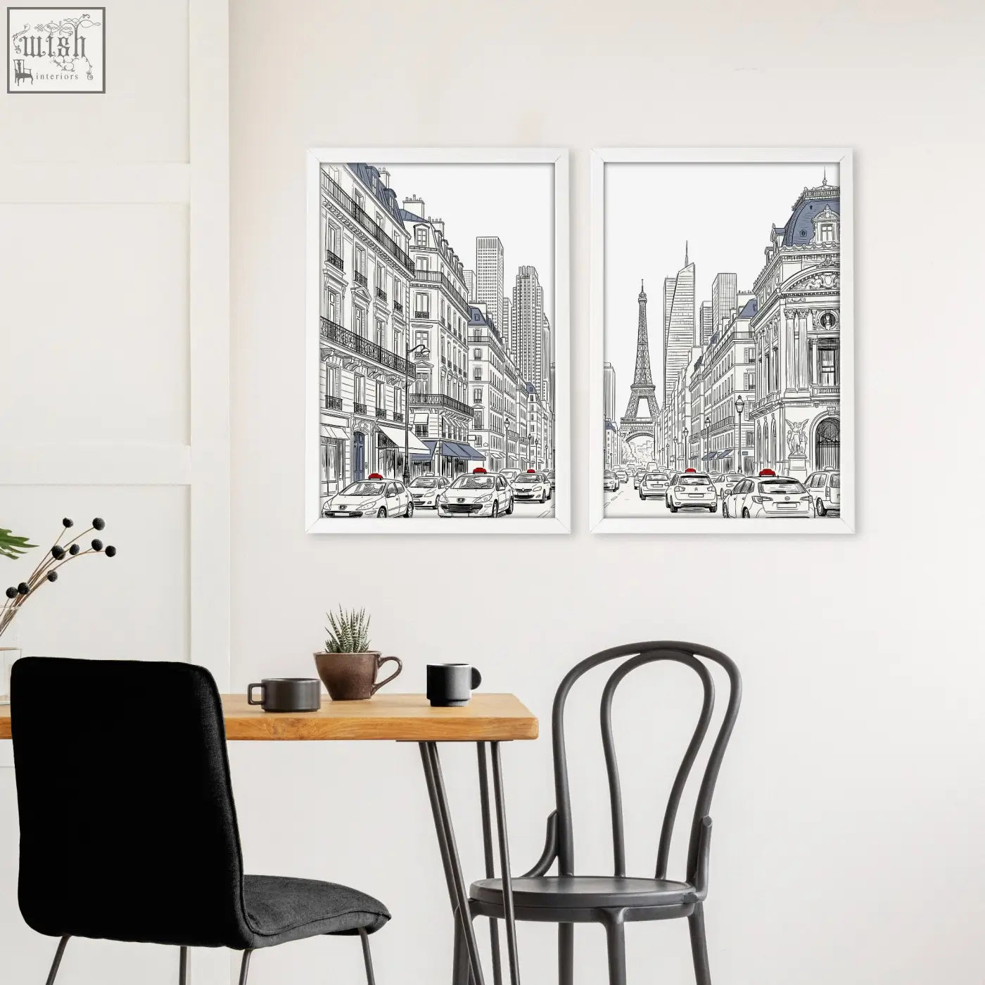 Two framed paris prints black featuring eiffel tower and street scenes with red accent perfect for dining room decor