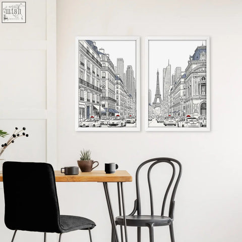 Two framed paris prints black featuring eiffel tower and street scenes with red accent perfect for dining room decor
