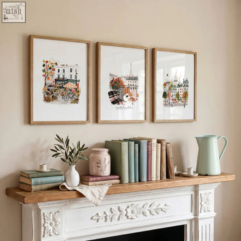 Three parisian art pieces in warm beige coral and grey with light wood frames titled les petits plaisirs for wall decor