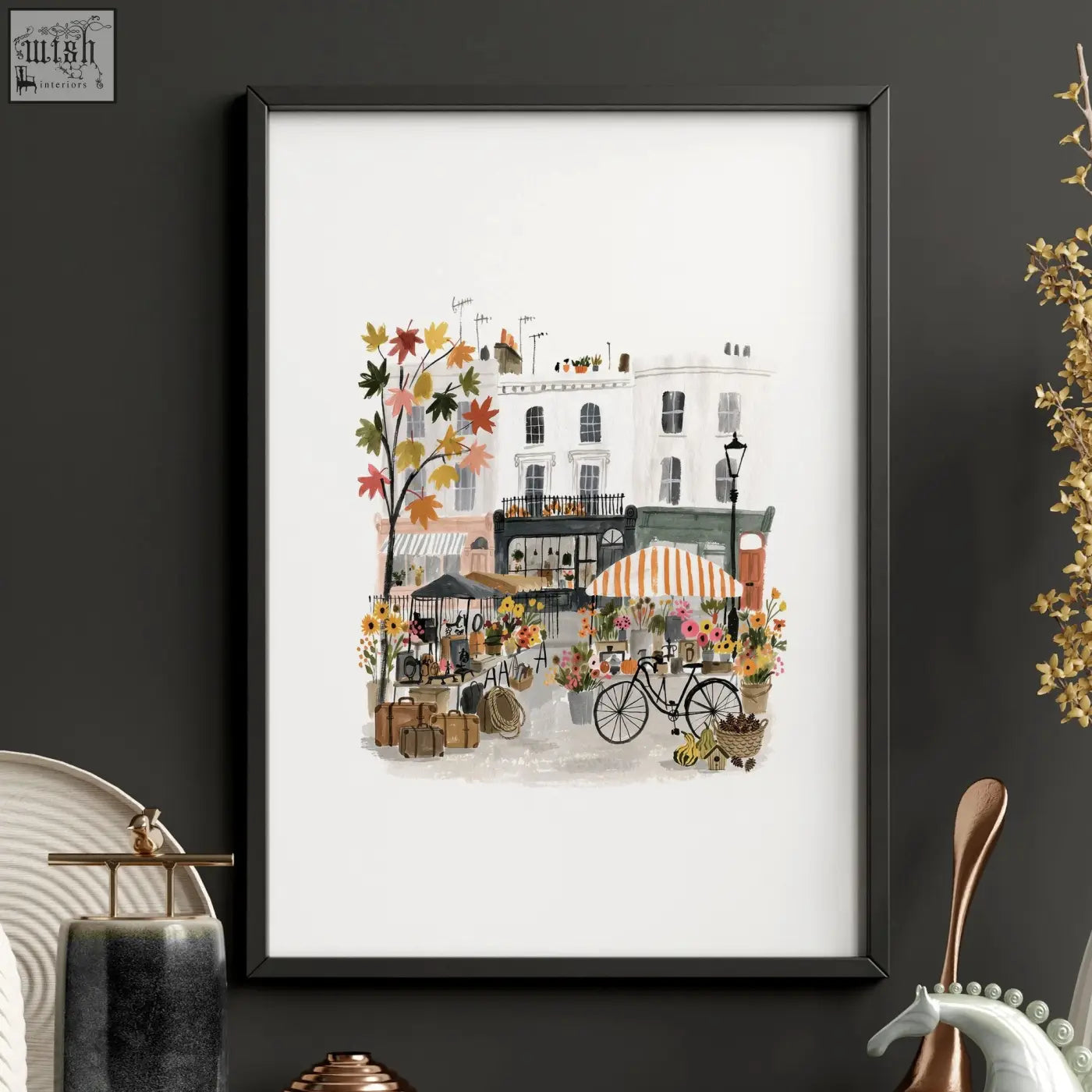 Black-framed art pieces featuring warm beige paris street scenes with autumn leaves from les petits plaisirs set of 3