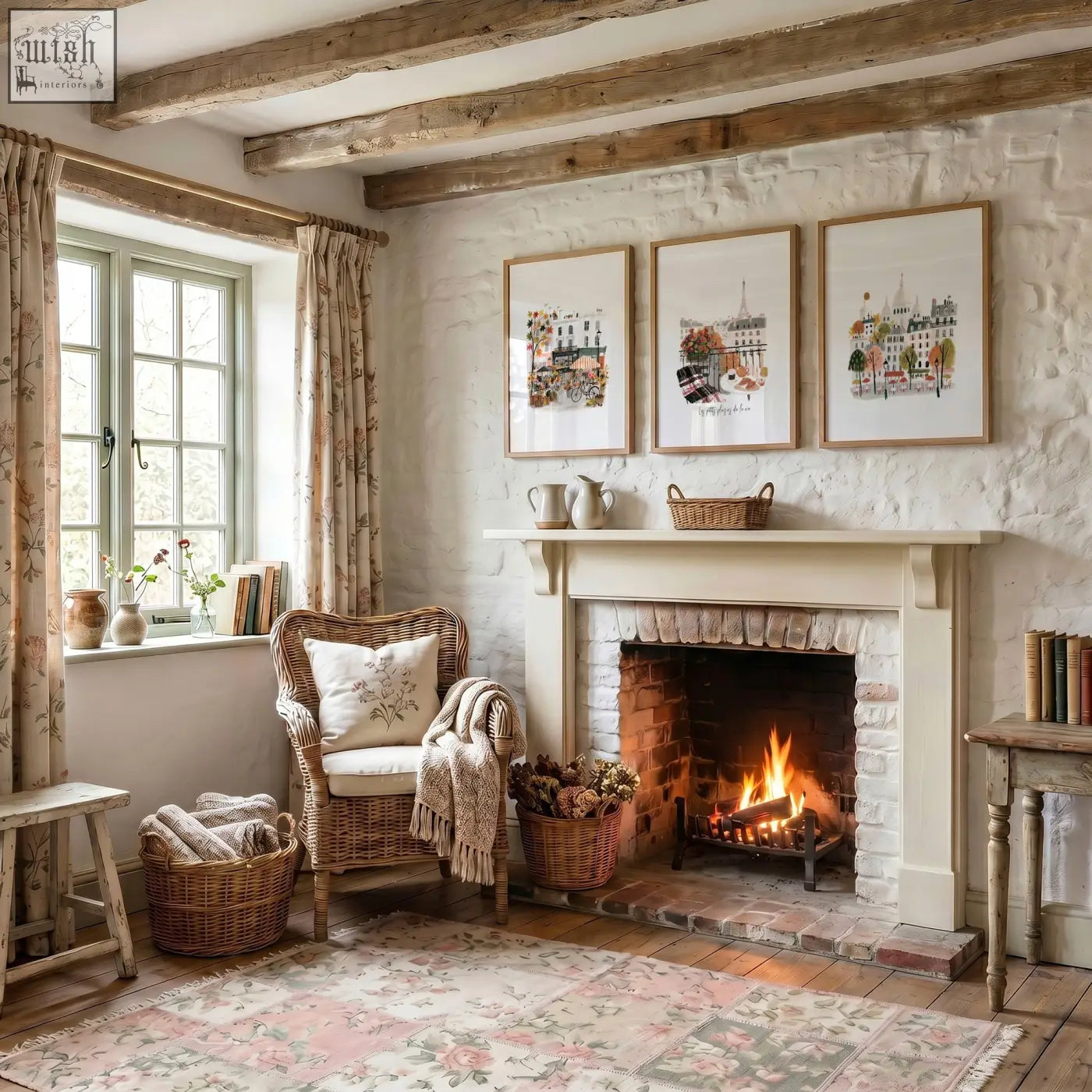 White fireplace mantel with cream wood trim and brick interior featuring paris travel art pieces in warm beige les petits plaisirs