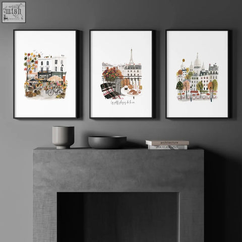 Three framed parisian-themed art pieces in warm beige coral and grey above a gray concrete mantel les petits plaisirs