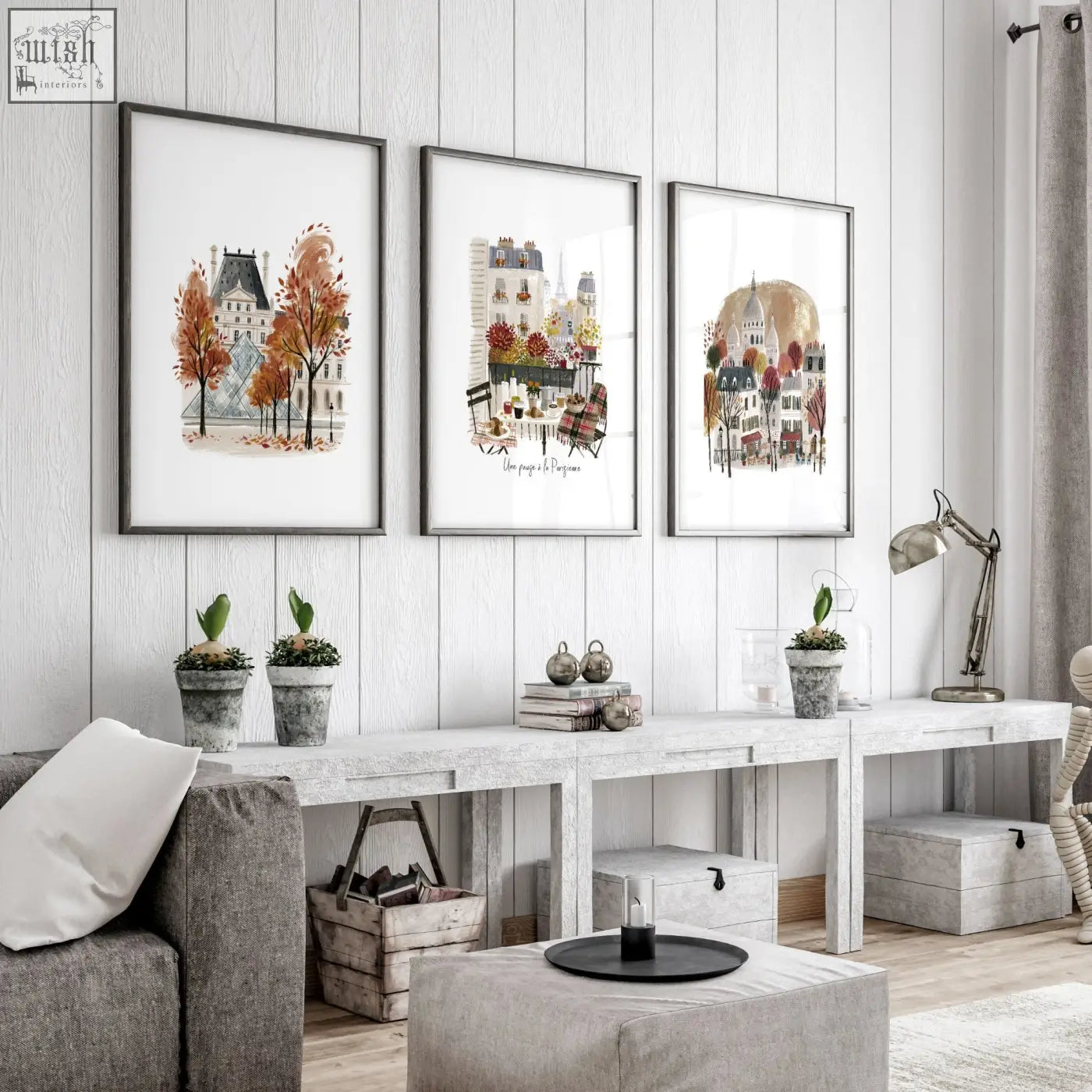 Three framed paris travel living room wall art prints featuring autumnal scenes of louvre eiffel tower and montmartre