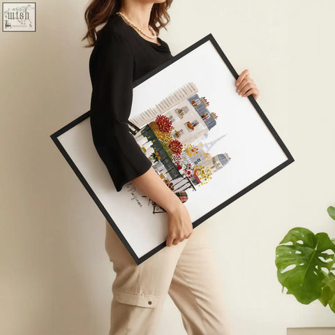 Black-framed parisian street scene wall art print with colorful florals and eiffel tower for living room decor