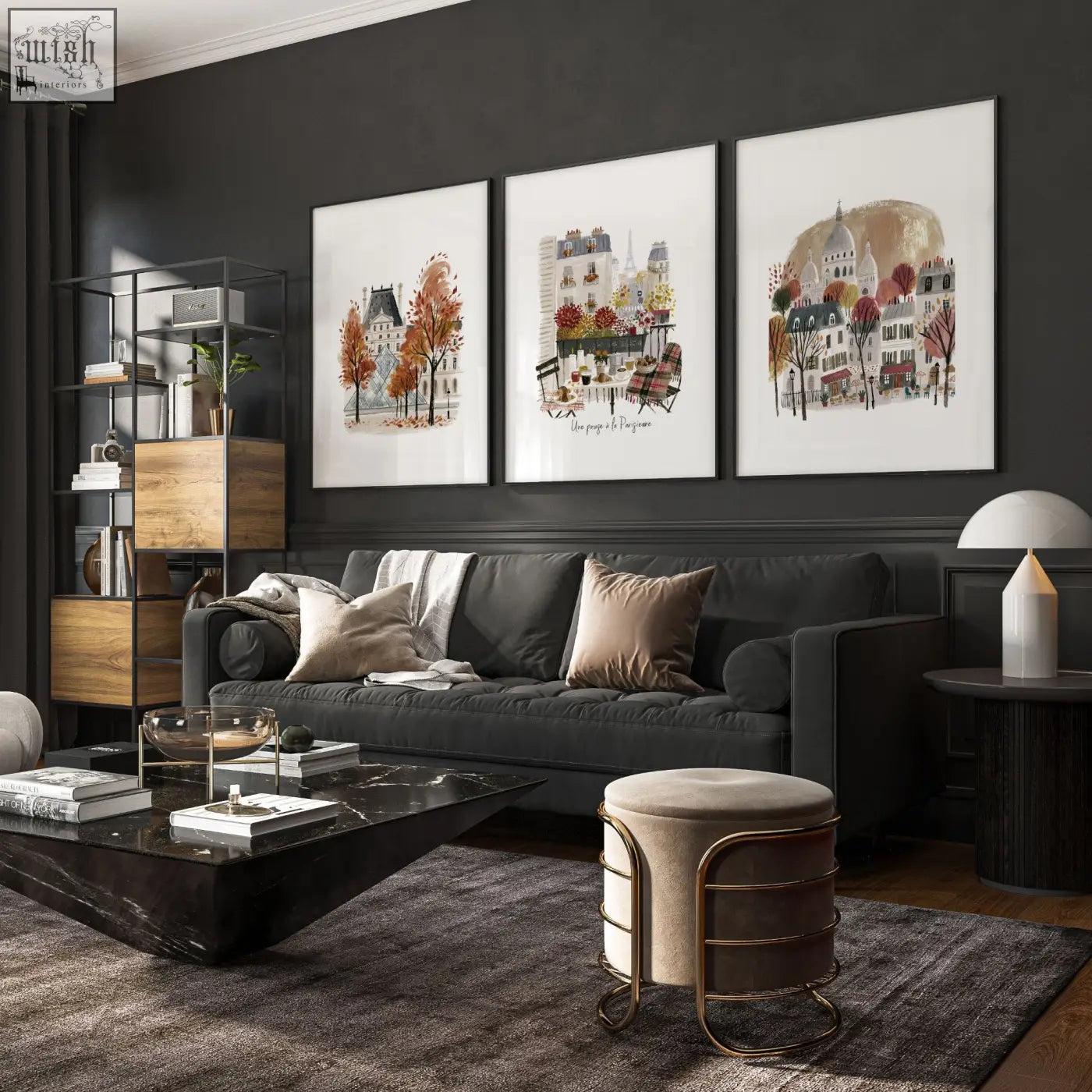 Black marble coffee table with sleek reflective surface and angular design perfect for living room wall art setups